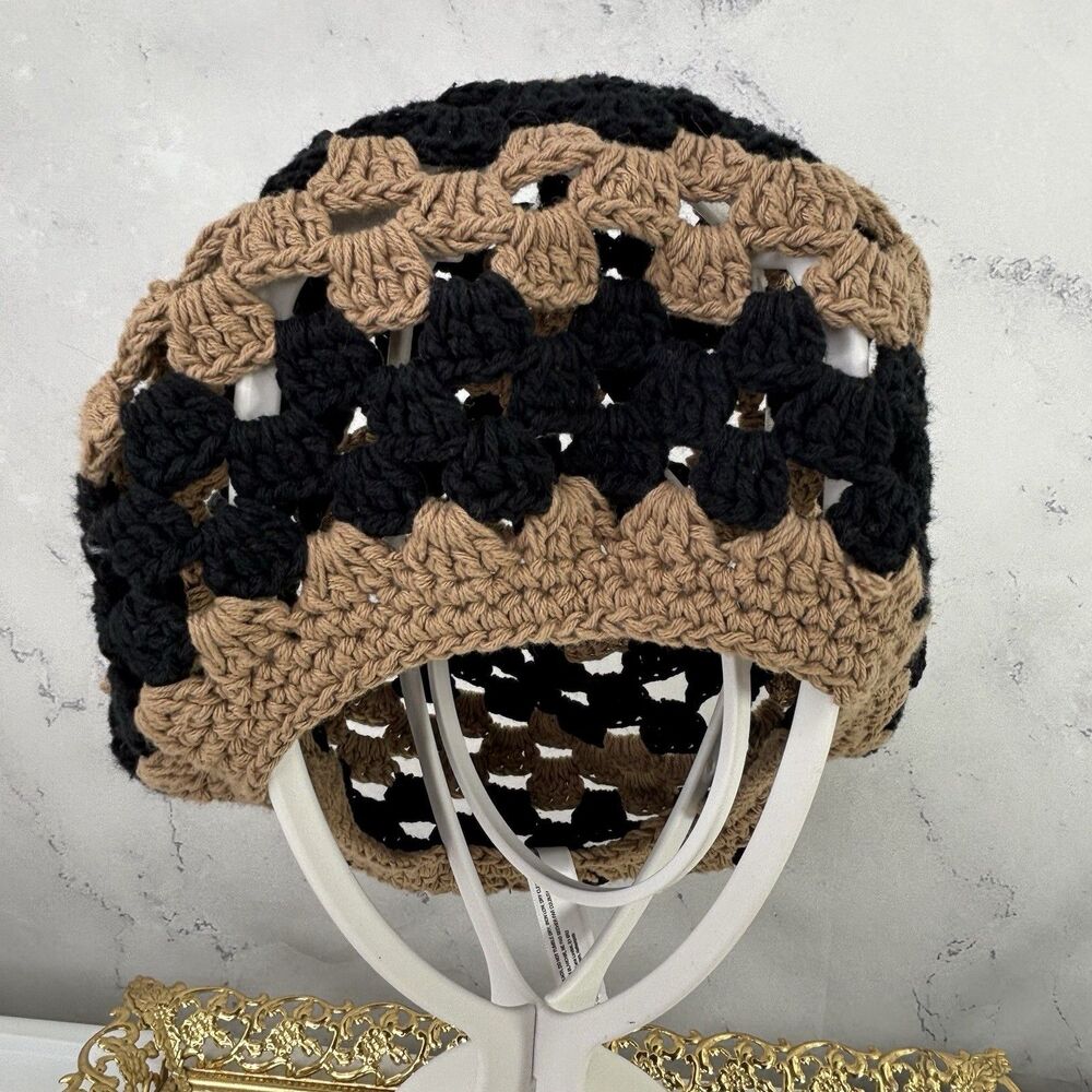 Vtg Style Crochet Granny Square Beanie Hat Boho Slouchy Skull Cap Black Tan Knit - Picture 3 of 7
